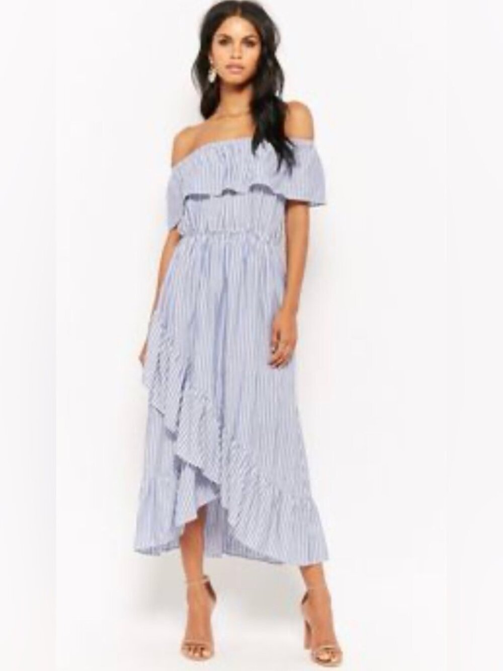 Sans Souci Ruffled Off the Shoulder Tiered Maxi Dress Blue White Stripes Sz M